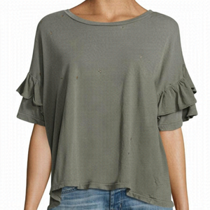 𝅺saks Fifth Avenue Army Green Ruffle Sleeve T-shirt Top Size XS
